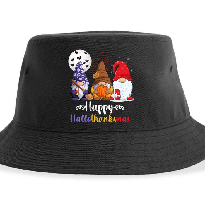 Happy HalloThanksMas Halloween Thanksgiving Christmas Gnomes Sustainable Bucket Hat