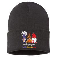 Happy HalloThanksMas Halloween Thanksgiving Christmas Gnomes Sustainable Knit Beanie