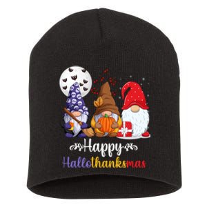 Happy HalloThanksMas Halloween Thanksgiving Christmas Gnomes Short Acrylic Beanie