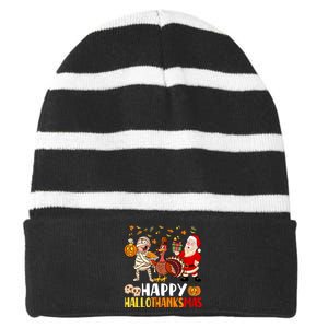 Happy HalloThanksMas Halloween Thanksgiving Christmas Striped Beanie with Solid Band