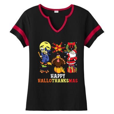 Happy Hallothanksmas Halloween Thanksgiving Christmas Ladies Halftime Notch Neck Tee