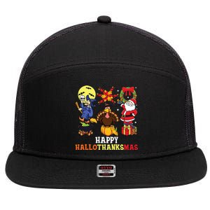 Happy Hallothanksmas Halloween Thanksgiving Christmas 7 Panel Mesh Trucker Snapback Hat