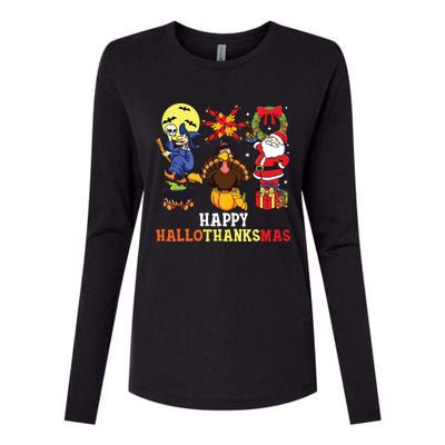 Happy Hallothanksmas Halloween Thanksgiving Christmas Womens Cotton Relaxed Long Sleeve T-Shirt