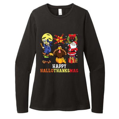 Happy Hallothanksmas Halloween Thanksgiving Christmas Womens CVC Long Sleeve Shirt