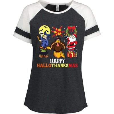 Happy Hallothanksmas Halloween Thanksgiving Christmas Enza Ladies Jersey Colorblock Tee