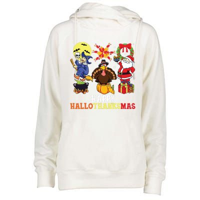 Happy Hallothanksmas Halloween Thanksgiving Christmas Womens Funnel Neck Pullover Hood