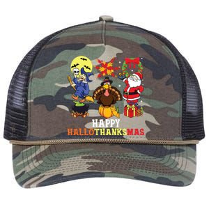 Happy Hallothanksmas Halloween Thanksgiving Christmas Retro Rope Trucker Hat Cap