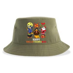 Happy Hallothanksmas Halloween Thanksgiving Christmas Sustainable Bucket Hat