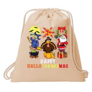 Happy Hallothanksmas Halloween Thanksgiving Christmas Drawstring Bag