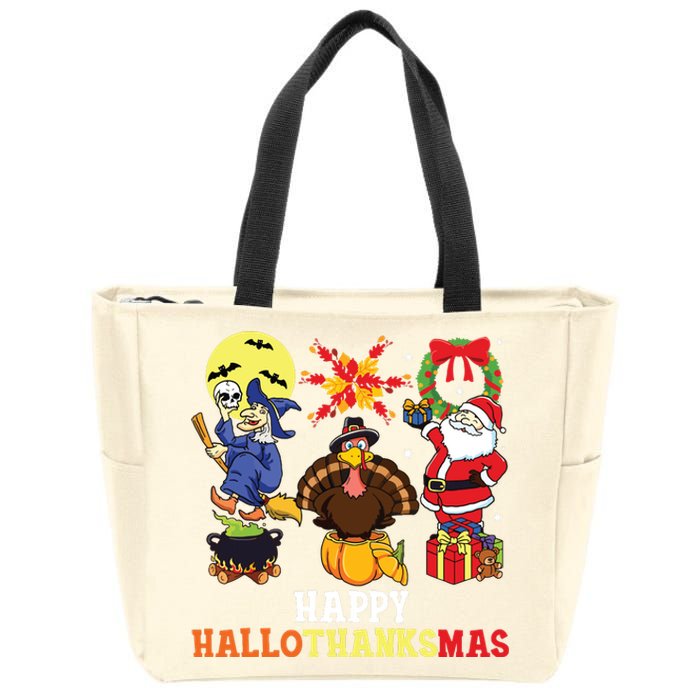 Happy Hallothanksmas Halloween Thanksgiving Christmas Zip Tote Bag