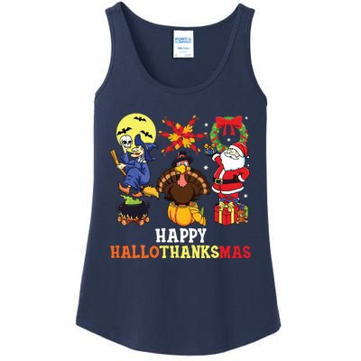 Happy Hallothanksmas Halloween Thanksgiving Christmas Ladies Essential Tank