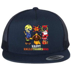 Happy Hallothanksmas Halloween Thanksgiving Christmas Flat Bill Trucker Hat