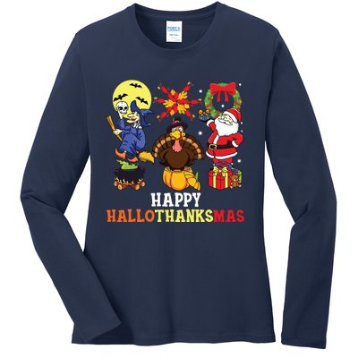 Happy Hallothanksmas Halloween Thanksgiving Christmas Ladies Long Sleeve Shirt