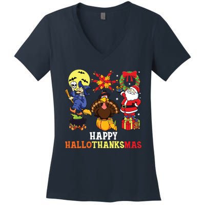 Happy Hallothanksmas Halloween Thanksgiving Christmas Women's V-Neck T-Shirt