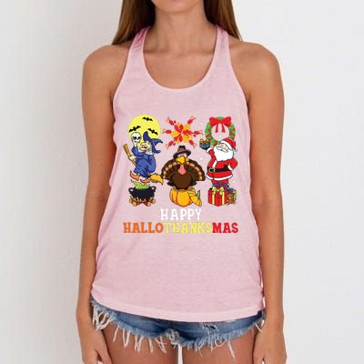 Happy Hallothanksmas Halloween Thanksgiving Christmas Women's Knotted Racerback Tank