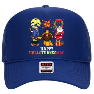 Happy Hallothanksmas Halloween Thanksgiving Christmas High Crown Mesh Back Trucker Hat