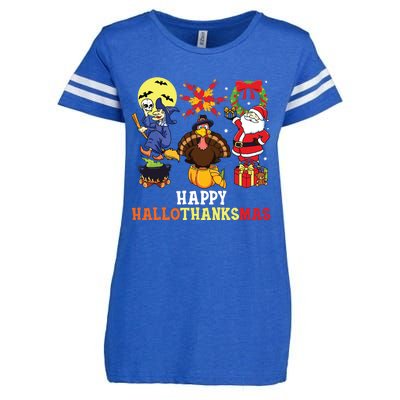 Happy Hallothanksmas Halloween Thanksgiving Christmas Enza Ladies Jersey Football T-Shirt