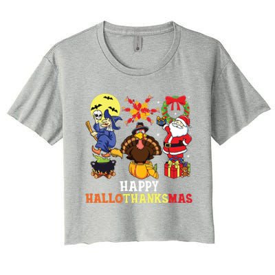 Happy Hallothanksmas Halloween Thanksgiving Christmas Women's Crop Top Tee