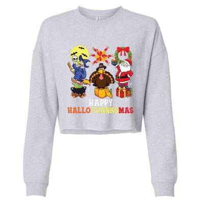 Happy Hallothanksmas Halloween Thanksgiving Christmas Cropped Pullover Crew