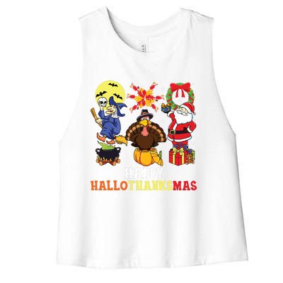 Happy Hallothanksmas Halloween Thanksgiving Christmas Women's Racerback Cropped Tank