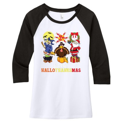 Happy Hallothanksmas Halloween Thanksgiving Christmas Women's Tri-Blend 3/4-Sleeve Raglan Shirt