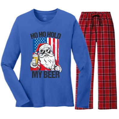 Ho Ho Hold My Beer Santa Beer Christmas In July Gift Women's Long Sleeve Flannel Pajama Set 