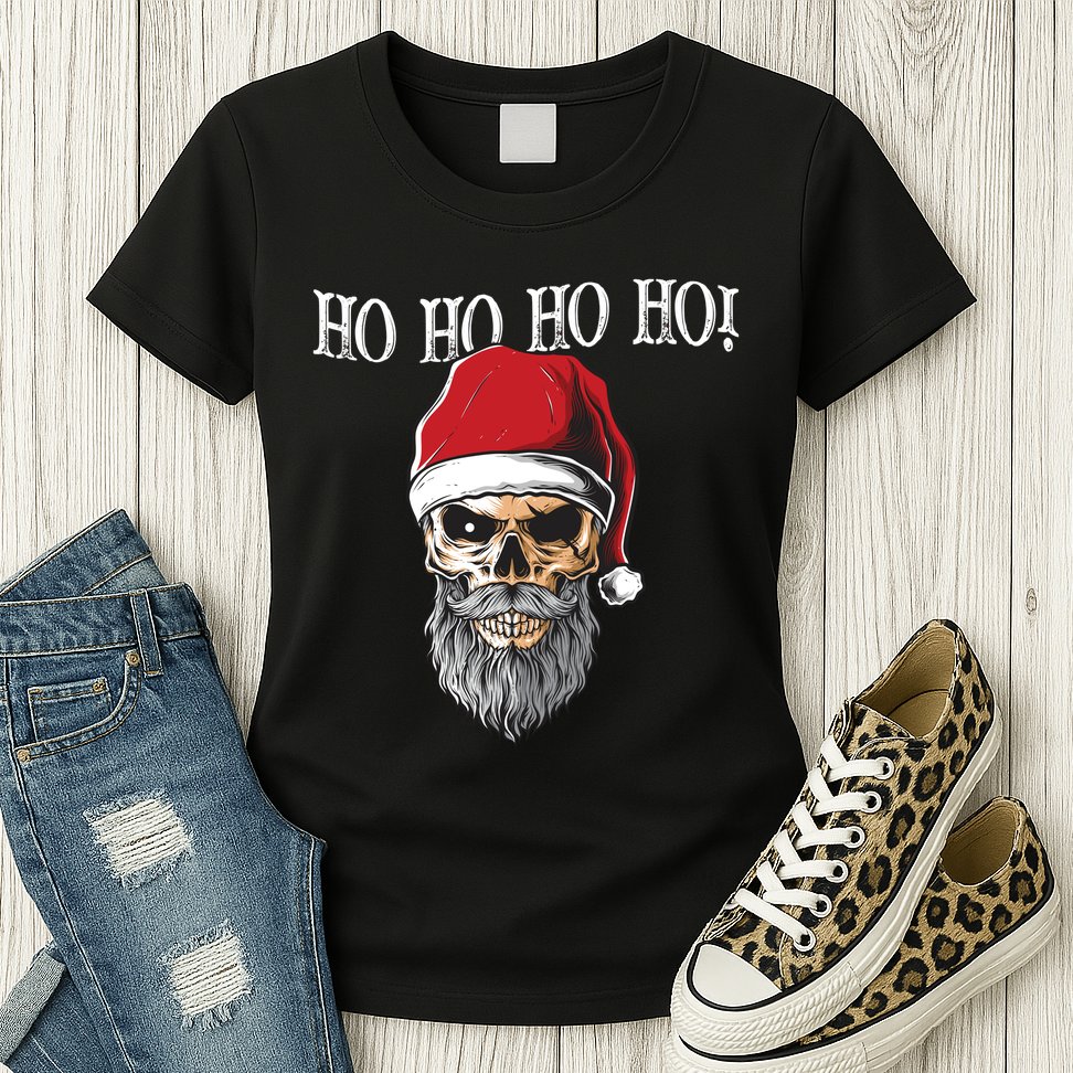 Ho Ho Ho Skeleton Bearded Skull Santa Womens T-Shirt