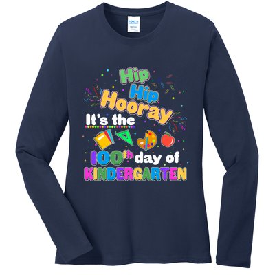 Hip Hip Hooray It's The 100th Day Of Kindergarten Ladies Long Sleeve Shirt