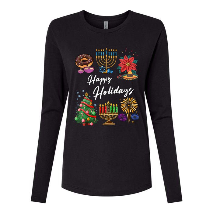 Happy Holidays Hanukkah Feliz Navidad Christmas Kwanzaa Womens Cotton Relaxed Long Sleeve T-Shirt