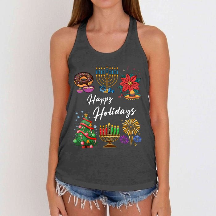 Happy Holidays Hanukkah Feliz Navidad Christmas Kwanzaa Women's Knotted Racerback Tank