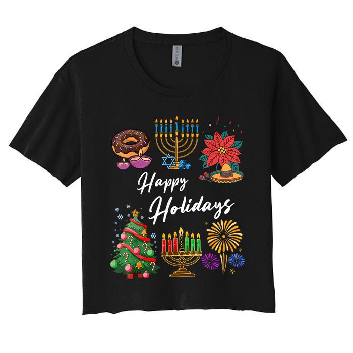 Happy Holidays Hanukkah Feliz Navidad Christmas Kwanzaa Women's Crop Top Tee