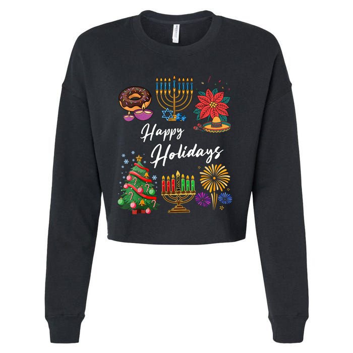 Happy Holidays Hanukkah Feliz Navidad Christmas Kwanzaa Cropped Pullover Crew