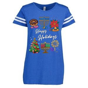 Happy Holidays Hanukkah Feliz Navidad Christmas Kwanzaa Enza Ladies Jersey Football T-Shirt