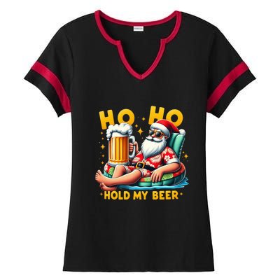 Ho Ho Hold My Beer Christmas In July Summer Santa Sunglasses Ladies Halftime Notch Neck Tee