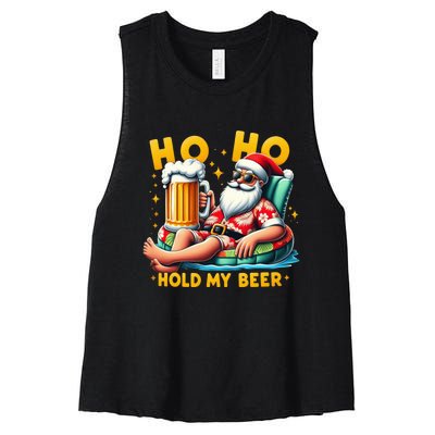 Ho Ho Hold My Beer Christmas In July Summer Santa Sunglasses Women's Racerback Cropped Tank