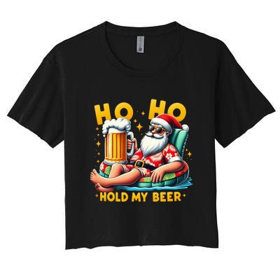 Ho Ho Hold My Beer Christmas In July Summer Santa Sunglasses Women's Crop Top Tee