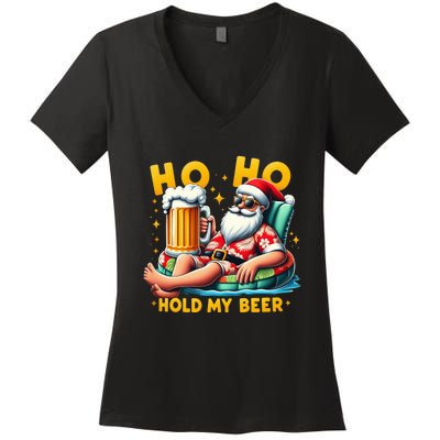 Ho Ho Hold My Beer Christmas In July Summer Santa Sunglasses Women's V-Neck T-Shirt