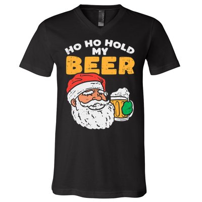 Ho Ho Hold My Beer Santa Funny Christmas Beer Lover V-Neck T-Shirt