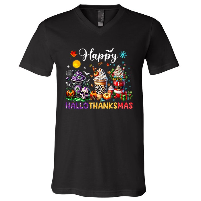 Happy Hallothanksmas Halloween Coffee Latte Thanksgiving V-Neck T-Shirt