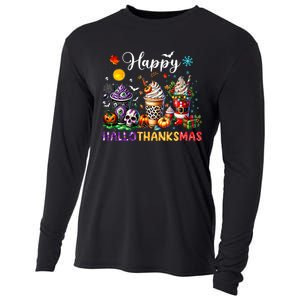 Happy Hallothanksmas Halloween Coffee Latte Thanksgiving Cooling Performance Long Sleeve Crew