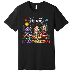 Happy Hallothanksmas Halloween Coffee Latte Thanksgiving Premium T-Shirt