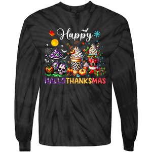 Happy Hallothanksmas Halloween Coffee Latte Thanksgiving Tie-Dye Long Sleeve Shirt