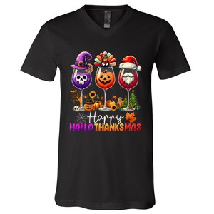 Happy Hallothanksmas Halloween Thanksgiving Christmas Funny V-Neck T-Shirt