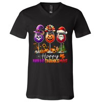 Happy Hallothanksmas Halloween Thanksgiving Christmas Funny V-Neck T-Shirt