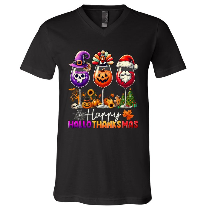 Happy Hallothanksmas Halloween Thanksgiving Christmas Funny V-Neck T-Shirt