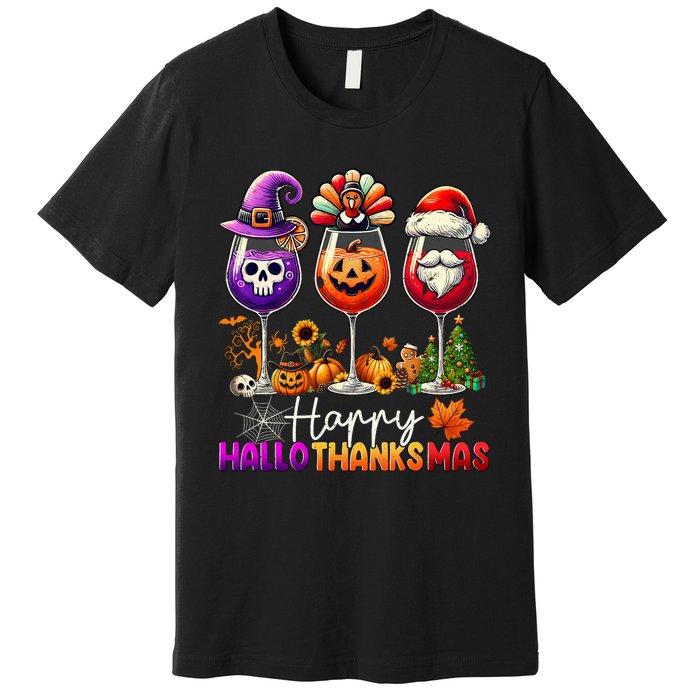 Happy Hallothanksmas Halloween Thanksgiving Christmas Funny Premium T-Shirt