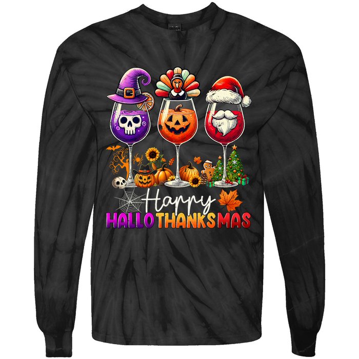 Happy Hallothanksmas Halloween Thanksgiving Christmas Funny Tie-Dye Long Sleeve Shirt