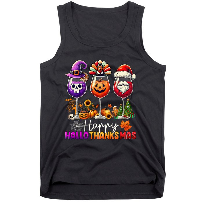 Happy Hallothanksmas Halloween Thanksgiving Christmas Funny Tank Top