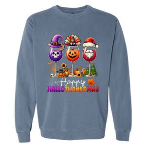 Happy Hallothanksmas Halloween Thanksgiving Christmas Funny Garment-Dyed Sweatshirt