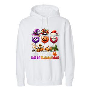 Happy Hallothanksmas Halloween Thanksgiving Christmas Funny Garment-Dyed Fleece Hoodie